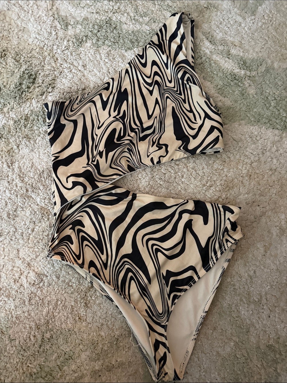 Beach Riot One-Shoulder Black & Cream Swirl Print Bikini Set